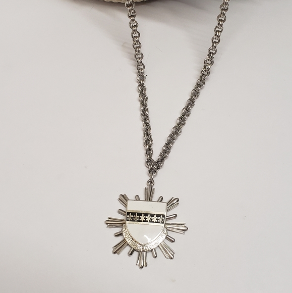 Unique White Enamel Le Fleur Shield Pendant Necklace - Picture 2 of 8